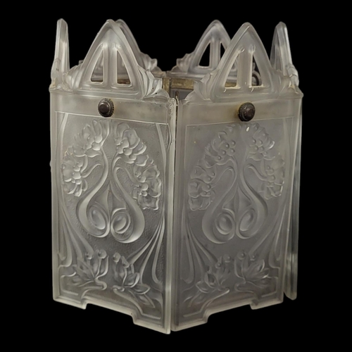 719 - AN EARLY 20TH CENTURY FROSTED GLASS HANGING LANTERN
Six panels embossed with Art Nouveau floral desi... 