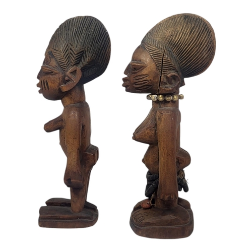 723 - TRIBAL ART INTEREST, A PAIR OF ANTHROPOMORPHIC BAOULE ANCESTRAL WOODEN CARVED FIGURES FROM IVORY COA... 