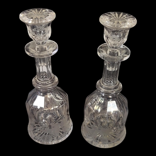 736 - A PAIR OF LATE 18TH/EARLY 19TH CENTURY CUT LEAD CRYSTAL DECANTERS
Mallet form with cut flutes and et... 