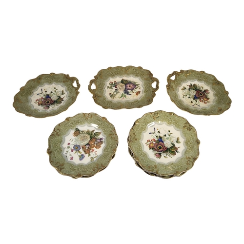 755 - AN EARLY 19TH CENTURY PRATTWARE ‘BOUQUET’ POTTERY COMPORT SET
Scrolled gilt and pale green border wi... 