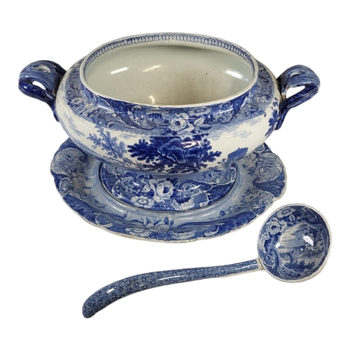 759 - A LARGE 19TH CENTURY BLUE AND WHITE POTTERY SOUP TUREEN AND STAND
Twin handled, decorated with the r... 