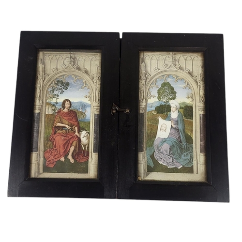 765 - AFTER HANS MEMLING 1430-1494,,A 20TH CENTURY EBONISED WOOD AND PHOTOGRAPHIC PRINT RELIGIOUS TRIPTYCH... 