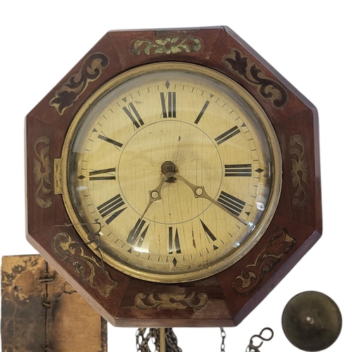 801 - A 19TH CENTURY ROSEWOOD AND BRASS ‘POSTMAN’S’ WALL CLOCK
Octagonal form case with brass inlay and tw... 