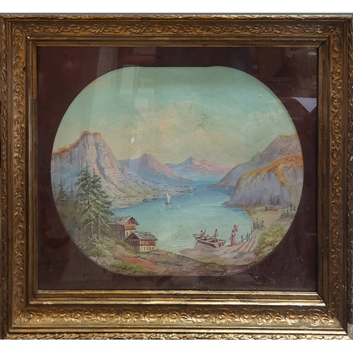 469 - A 19TH CENTURY ITALIAN GOUACHE ON PAPER, LANDSCAPE, FIGURES IN PERIOD ATTIRE WITH ROWING BOATS AND L... 