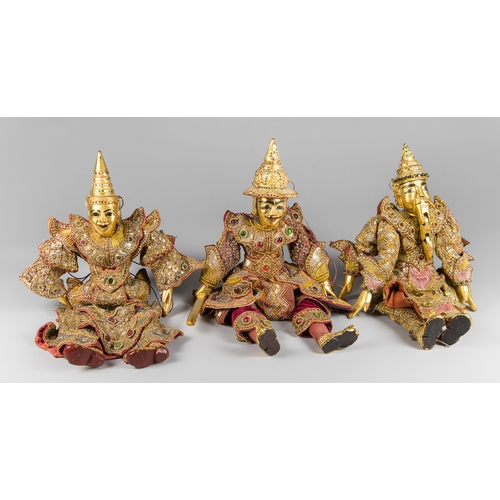 123A - WITHDRAWN! A GROUP OF THREE LARGE 20TH CENTURY GILTWOOD AND SEQUIN-ADORNED BURMESE MARIONETTES (STRI... 