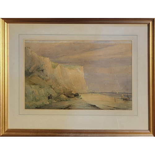 528 - JAMES WALSHAM BALDOCK, 1825 - 1898, WATERCOLOUR 
Landscape, coastal view, tall white cliffs with sai... 