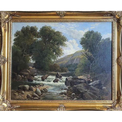 533 - A 19TH CENTURY SCOTTISH LANDSCAPE, FISHERMAN WEARING PERIOD ATTIRE NEAR A STREAM
In a carved gilt fr... 