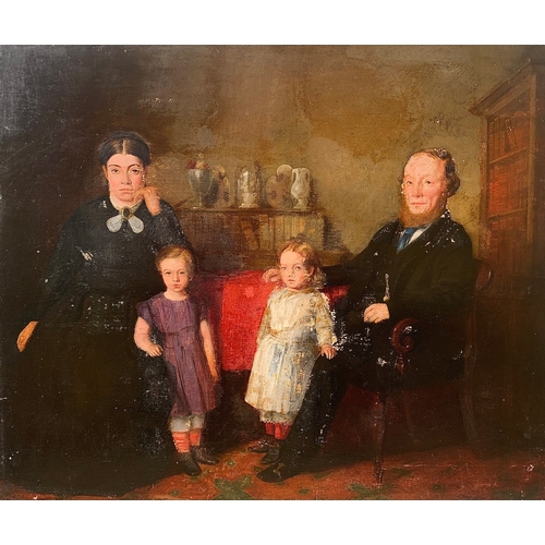 17 - AN UNUSUAL CREEPY 19TH CENTURY OIL ON CANVAS FAMILY PORTRAIT. 

Signed and dated Oct 1870. 

(H 50.5... 