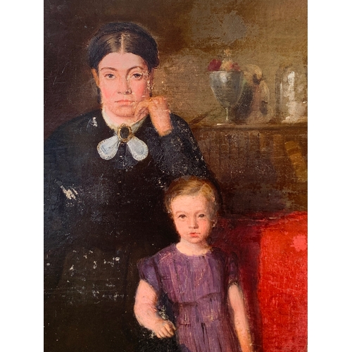 17 - AN UNUSUAL CREEPY 19TH CENTURY OIL ON CANVAS FAMILY PORTRAIT. 

Signed and dated Oct 1870. 

(H 50.5... 