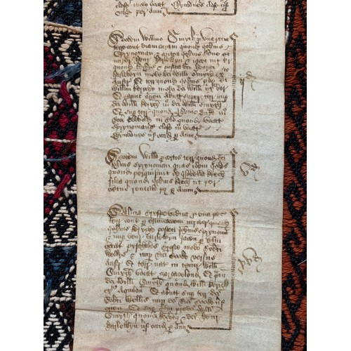 130 - A 16TH CENTURY LEGAL DOCUMENT ON VELLUM, DATED 1545.
(h 61cm x w 10.5cm)