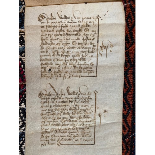 130 - A 16TH CENTURY LEGAL DOCUMENT ON VELLUM, DATED 1545.
(h 61cm x w 10.5cm)