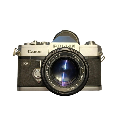 180B - CANON 35mm SLR Film cameras. Including a Pellix QL with 50mm 1.4 lens, Canon EOS1000 with 35-80mm zo... 