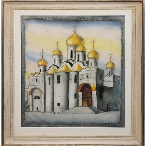 345 - A LARGE RUSSIAN SCHOOL PAINTED BATIK CHURCH
With six gilded domes, mounted, framed and glazed.
(110c... 