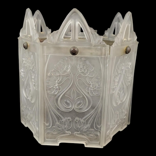 229 - AN EARLY 20TH CENTURY FROSTED GLASS HANGING LANTERN
Six panels embossed with Art Nouveau floral desi... 