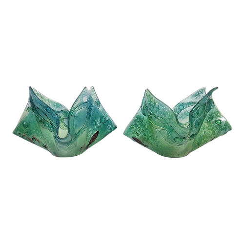 226 - A PAIR OF 20TH CENTURY ART GLASS HANDKERCHIEF VASES
In turquoise blue with aquatic decoration.
(appr... 