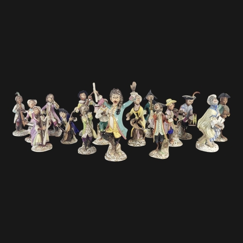 221 - AFTER MEISSEN 18TH CENTURY ORIGINAL, A SET OF 15 PORCELAIN ANTHROPOMORPHIC FIGURES, MONKEY BAND BY R... 