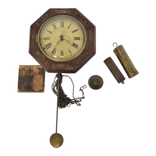 207 - A 19TH CENTURY ROSEWOOD AND BRASS ‘POSTMAN’S’ WALL CLOCK
Octagonal form case with brass inlay and tw... 