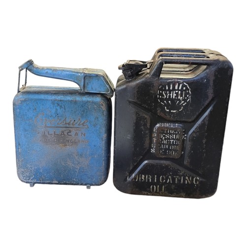 209 - TWO VINTAGE METAL JERRY CANS
Blue van with embossed logo ‘Eversure fillcan’ and a black can stencill... 