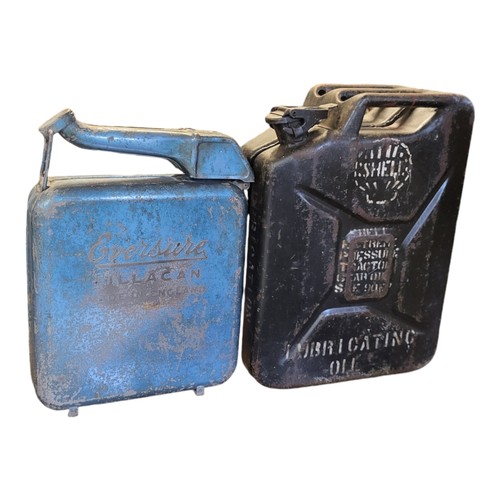 209 - TWO VINTAGE METAL JERRY CANS
Blue van with embossed logo ‘Eversure fillcan’ and a black can stencill... 