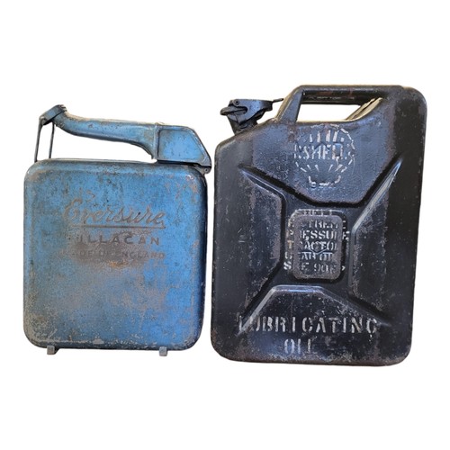 209 - TWO VINTAGE METAL JERRY CANS
Blue van with embossed logo ‘Eversure fillcan’ and a black can stencill... 