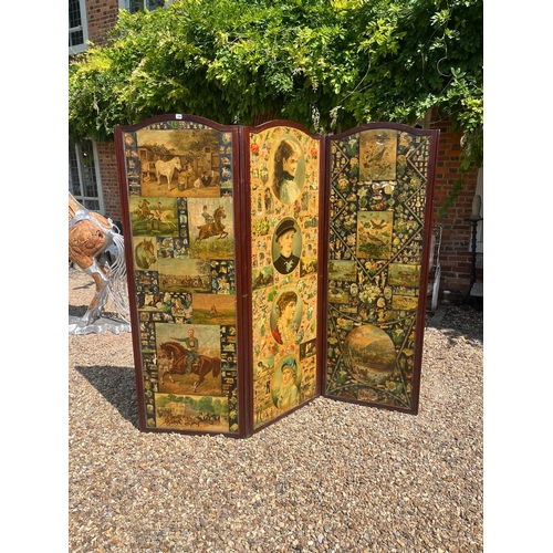 206 - A LATE VICTORIAN MAHOGANY FRAMED THREE FOLD DECOUPAGE DECORATED DRESSING SCREEN, DOUBLE SIDED.
(w 21... 