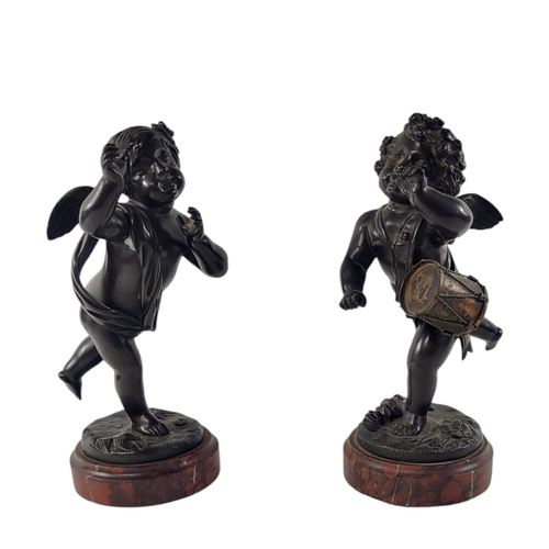 238 - A PAIR OF FINE CONTINENTAL 19TH CENTURY PATINATED BRONZE OF ALLEGORICAL CHERUBS
Cast and modelled as... 