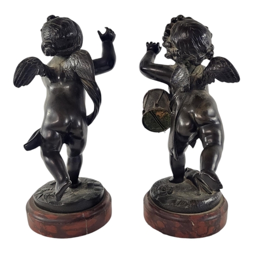 238 - A PAIR OF FINE CONTINENTAL 19TH CENTURY PATINATED BRONZE OF ALLEGORICAL CHERUBS
Cast and modelled as... 