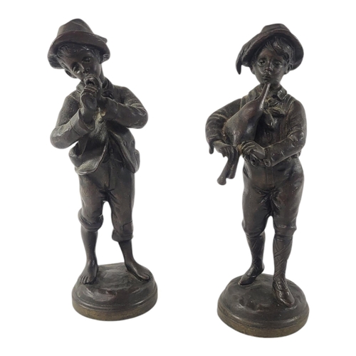 239 - AFTER KESSLER, A PAIR OF EARLY 20TH CENTURY FRENCH BRONZE MUSICIAN STATUES
Peasant boys with bagpipe... 