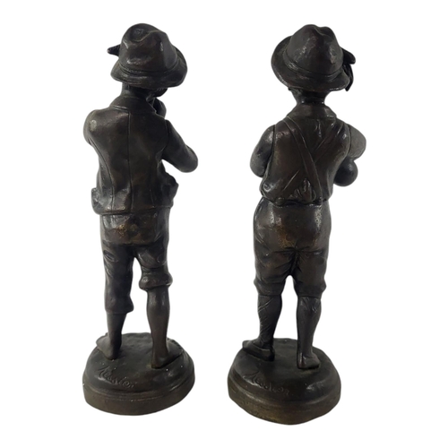 239 - AFTER KESSLER, A PAIR OF EARLY 20TH CENTURY FRENCH BRONZE MUSICIAN STATUES
Peasant boys with bagpipe... 