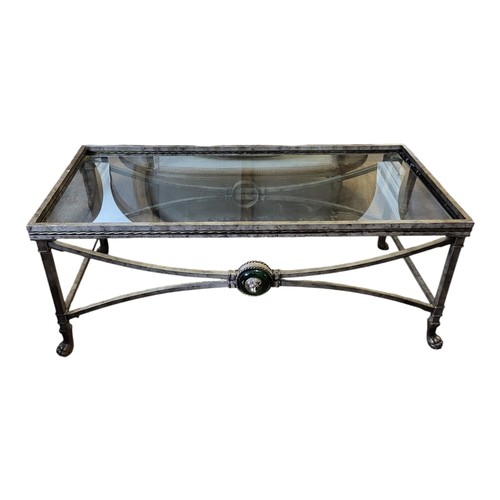 468 - AN ART DECO, EMPIRE REVIVAL SILVER BRASS COFFEE TABLE
With clear glass inset above central lion mask... 