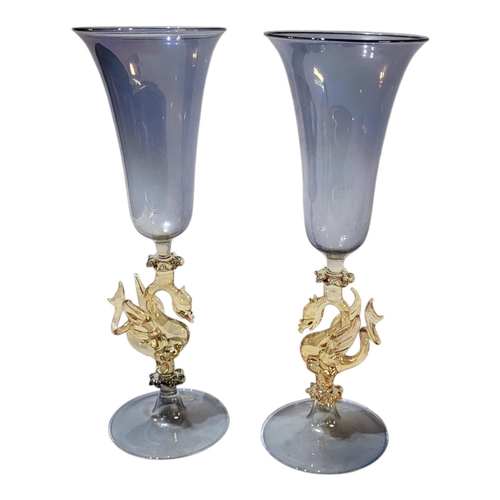 115 - AFTER 17TH CENTURY FAQON DE VENISE ORIGINAL, A PAIR OF BELL SHAPED SLIM WINE GLASSES BY SOFFIERIA PA... 