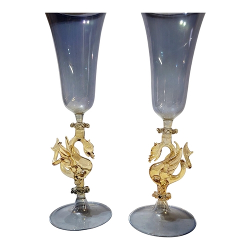 115 - AFTER 17TH CENTURY FAQON DE VENISE ORIGINAL, A PAIR OF BELL SHAPED SLIM WINE GLASSES BY SOFFIERIA PA... 