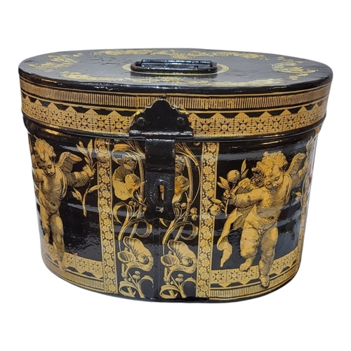 147 - A LATE VICTORIAN DECOUPAGE DECORATED TIN HAT BOX.
(40cm x 25cm x 32cm)

Condition: some minor dents