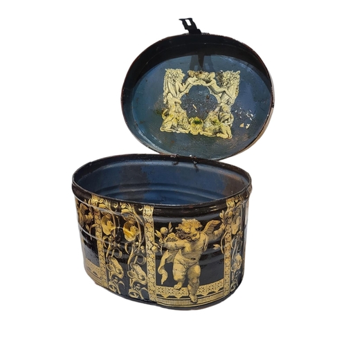 147 - A LATE VICTORIAN DECOUPAGE DECORATED TIN HAT BOX.
(40cm x 25cm x 32cm)

Condition: some minor dents