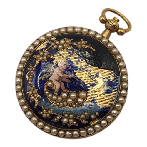 14A - A LATE 18TH/EARLY 19TH CENTURY YELLOW METAL, ENAMEL AND SEED PEARL POCKET WATCH
Allegorical enamel d... 