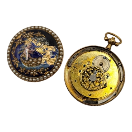 14A - A LATE 18TH/EARLY 19TH CENTURY YELLOW METAL, ENAMEL AND SEED PEARL POCKET WATCH
Allegorical enamel d... 