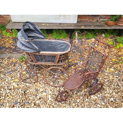 155 - A VICTORIAN STYLE DOLLS PRAMS,
Along with pushchair, with caned bodies on iron frames, spoke wheels.... 