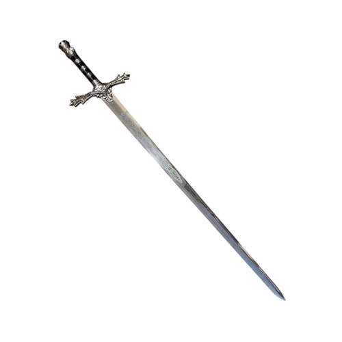 156 - A THEATRICAL POLISHED AND PATINATED STEEL SWORD
With faux sapphire inset pommel.
(119cm)