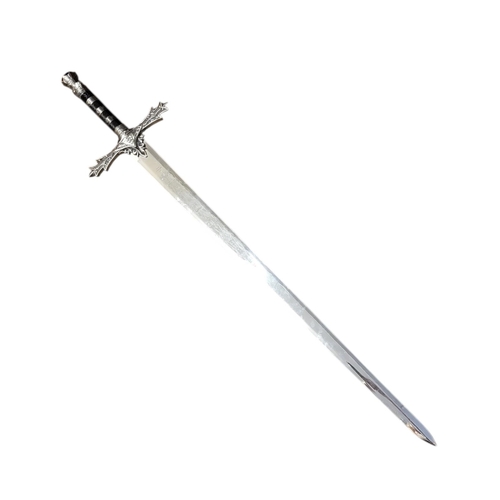 156 - A THEATRICAL POLISHED AND PATINATED STEEL SWORD
With faux sapphire inset pommel.
(119cm)