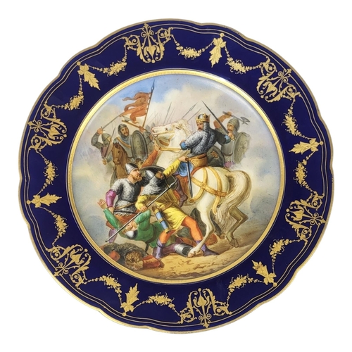 158 - AN ANTIQUE SEVRES STYLE PORCELAIN JEWELLED CABINET PLATE
Depicting Medieval Anglo French war, 1213 -... 