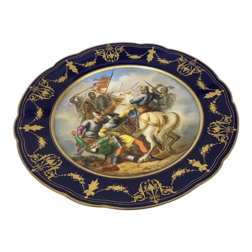 158 - AN ANTIQUE SEVRES STYLE PORCELAIN JEWELLED CABINET PLATE
Depicting Medieval Anglo French war, 1213 -... 