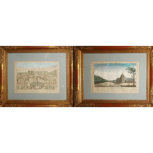 302 - A PAIR OF EARLY 19TH CENTURY FRENCH COLOURED ENGRAVINGS
European palaces, mounted, gilt framed and g... 