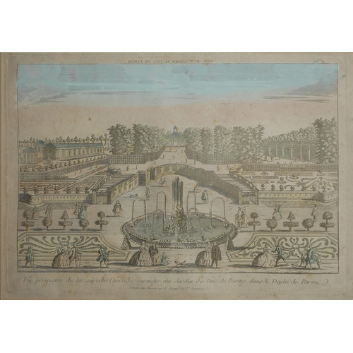 302 - A PAIR OF EARLY 19TH CENTURY FRENCH COLOURED ENGRAVINGS
European palaces, mounted, gilt framed and g... 