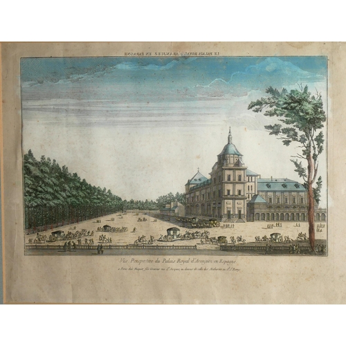 302 - A PAIR OF EARLY 19TH CENTURY FRENCH COLOURED ENGRAVINGS
European palaces, mounted, gilt framed and g... 