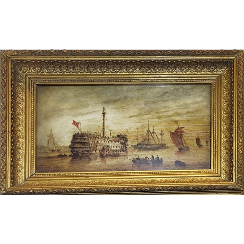 322 - AFTER CHARLES BENTLEY, 1806 - 1854, OIL ON OPALINE GLASS 
Marine landscape, British naval tall ship ... 