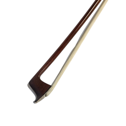 396 - HILL, A SILVER VIOLIN BOW 
Round stick ebony frog, stamped ‘Hill’.
(62g, 74cm)

Condition: some wear... 