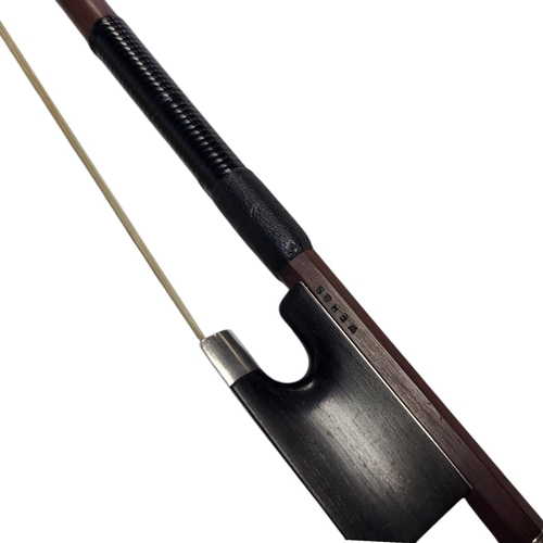 399 - W.E. HILL & SONS, A SILVER VIOLIN BOW
Round stick, ebony frog, stamped ‘W.E.H. & S’, initialled ‘LK’... 