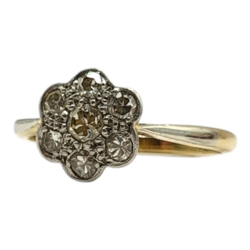 55 - AN EARLY 20TH CENTURY 18CT GOLD AND DIAMOND CLUSTER RING
The arrangement of round cut diamonds formi... 