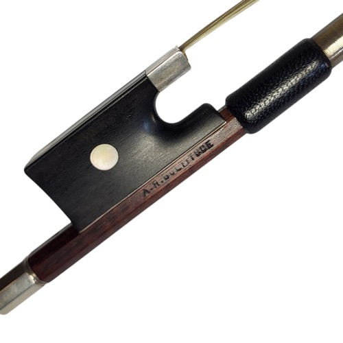 398 - ARTHUR RICHARD BULTITUDE, A SILVER VIOLIN BOW
Round stick, ebony frog, pearl eye, stamped ‘A.R. Bult... 