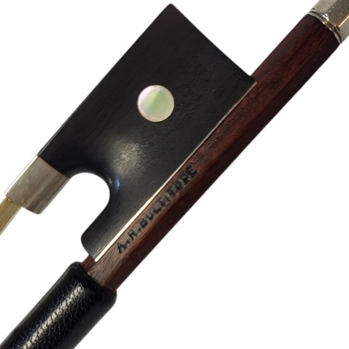 398 - ARTHUR RICHARD BULTITUDE, A SILVER VIOLIN BOW
Round stick, ebony frog, pearl eye, stamped ‘A.R. Bult... 